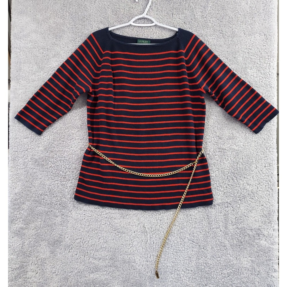 Lauren Ralph Lauren Sweater Women's 2X Navy Red Striped Boat Neck‎ Chain Belt